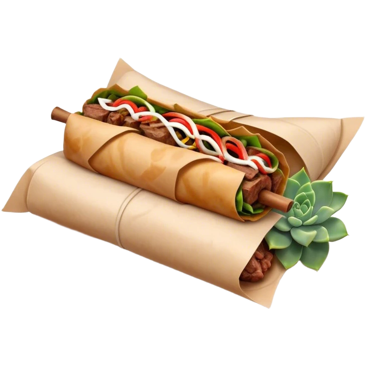 Gyros Cinematic Realistic Gyros Dish Emoji, depicted as succulent, spiced meat wrapped in paper for easy handling, rendered with lifelike textures and dynamic, warm lighting. emoji