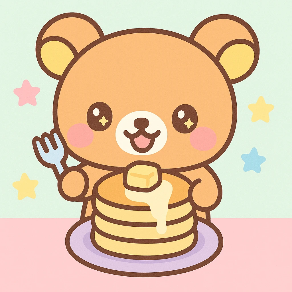 rillakuma, cute bear character, eating pancakes, kawaii style emoji