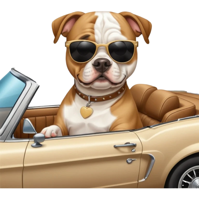 American bulldog riding in a mustang with the top down emoji