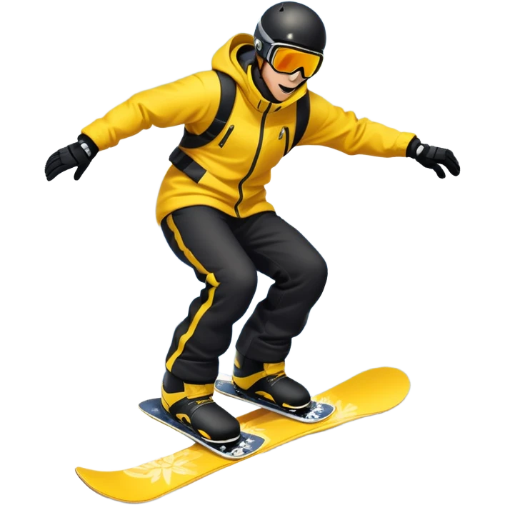 An icon showing a snowboarder performing an exciting jump on a snow-covered slope. The background features towering mountains, snow-covered trees, and a bright, clear sky. Transparent background highlights the speed, agility, and thrill of snowboarding. emoji