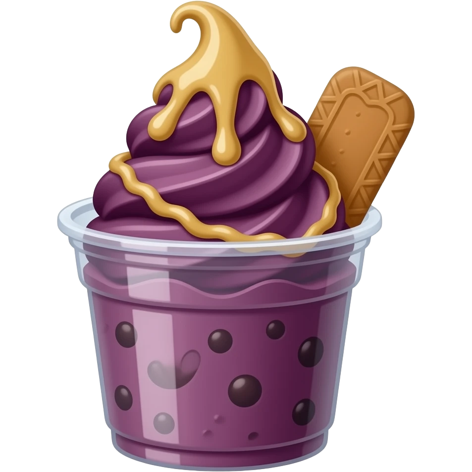 acai soft serve in a plastic cup with biscoff sauce emoji