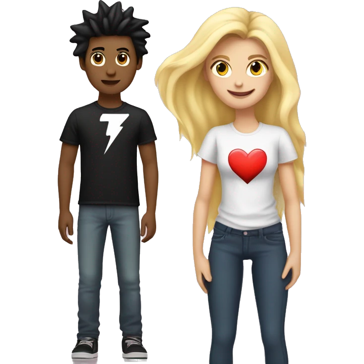 An emoji of a young girl with long blonde hair standing next to her boyfriend, who has black hair styled with the front spiked up. A heart symbol is between them, and the boy's T-shirt features a lightning bolt. emoji