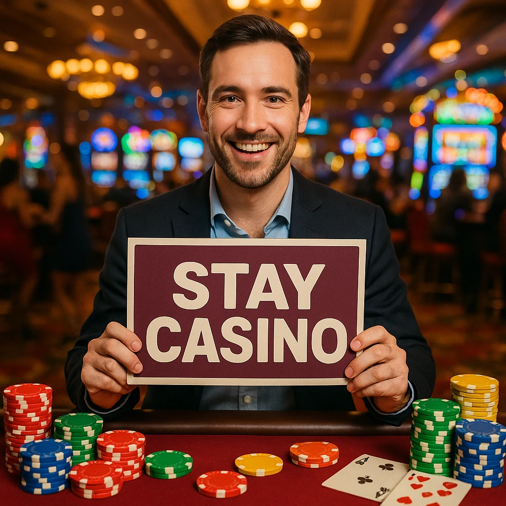 A man in a casino, holding a 'Stay Casino' sign, colorful chips and cards around, lively environment. emoji
