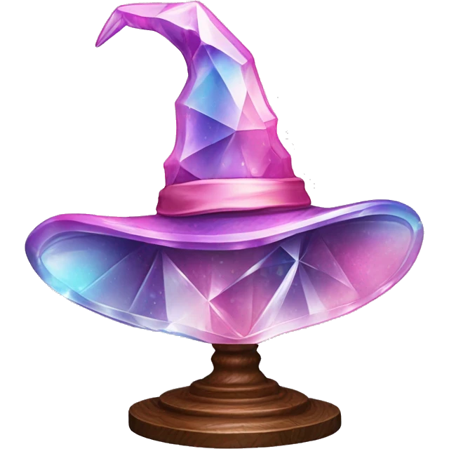 crystal sculpture witch hat with whimsical design. The hat is standing upright on a wooden stand with angular and baroque features. The vibrant midtone tints of pastels and pink highlights the sharp edges and planes.  emoji