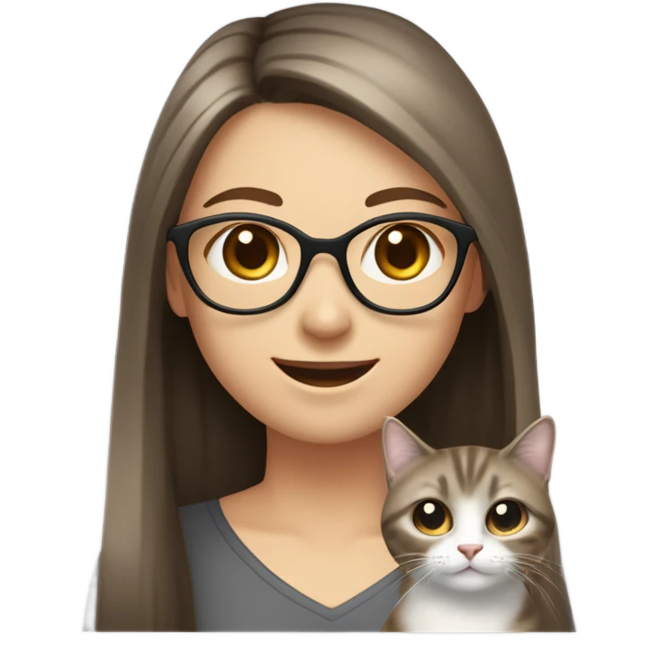 girl with pale skin black glasses grey eyes and long brown stright hair one side in front second back carring a cat in hand smiling  emoji
