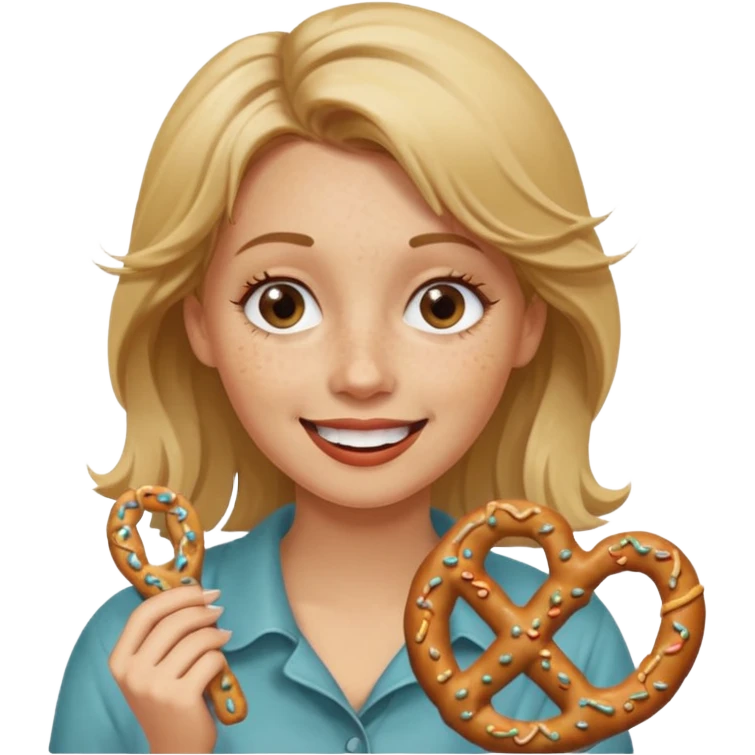 Woman with Dirty blond hair, fair skin with freckles,  holding pretzels and winking one eye emoji