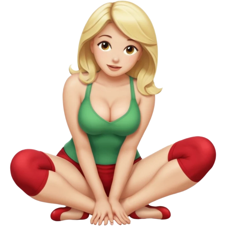 buxom blonde woman, front view, bending over, sitting on soles, playful pose, SFW, no nudity, apple emoji style emoji