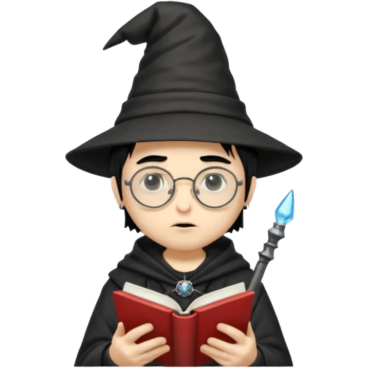 ["A sad boy with light skin, straight hair, wearing a wizard hat and round glasses, dressed in punk fashion, is reading a book while holding a phone."] emoji