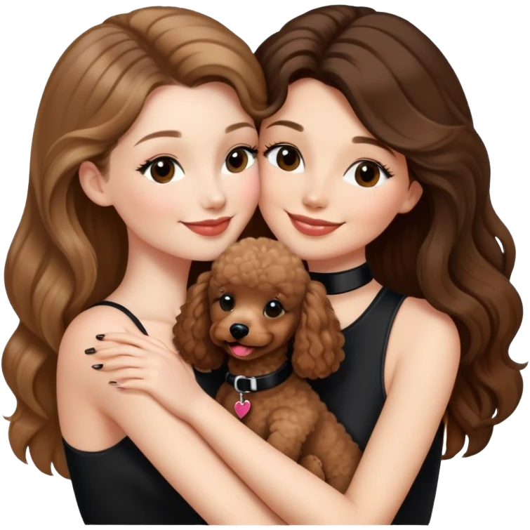 one girl with long balayage straight hair and long lashes, smiling, wearing black halterneck top, and holding and kissing a brown poodle emoji
