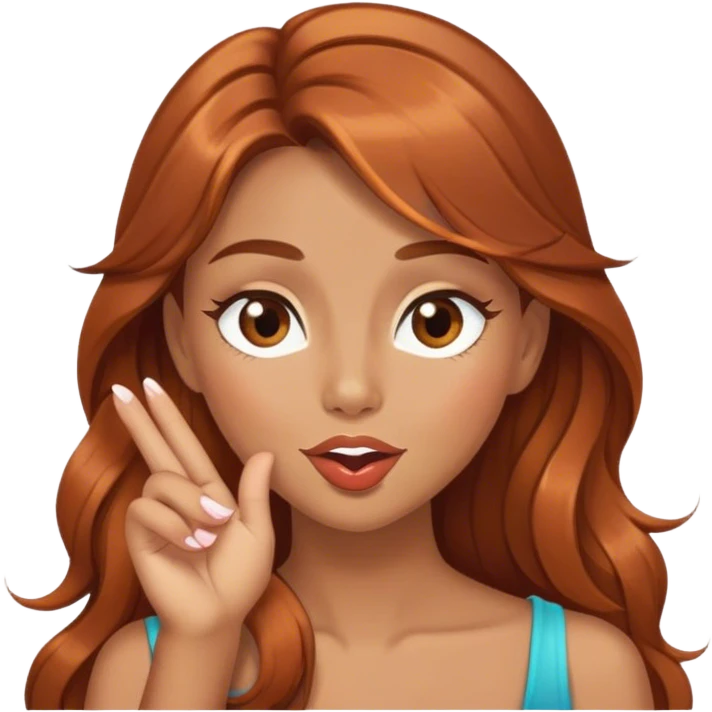 Girl with long brown copper hair, brow eyes, blowing a kiss and winking emoji