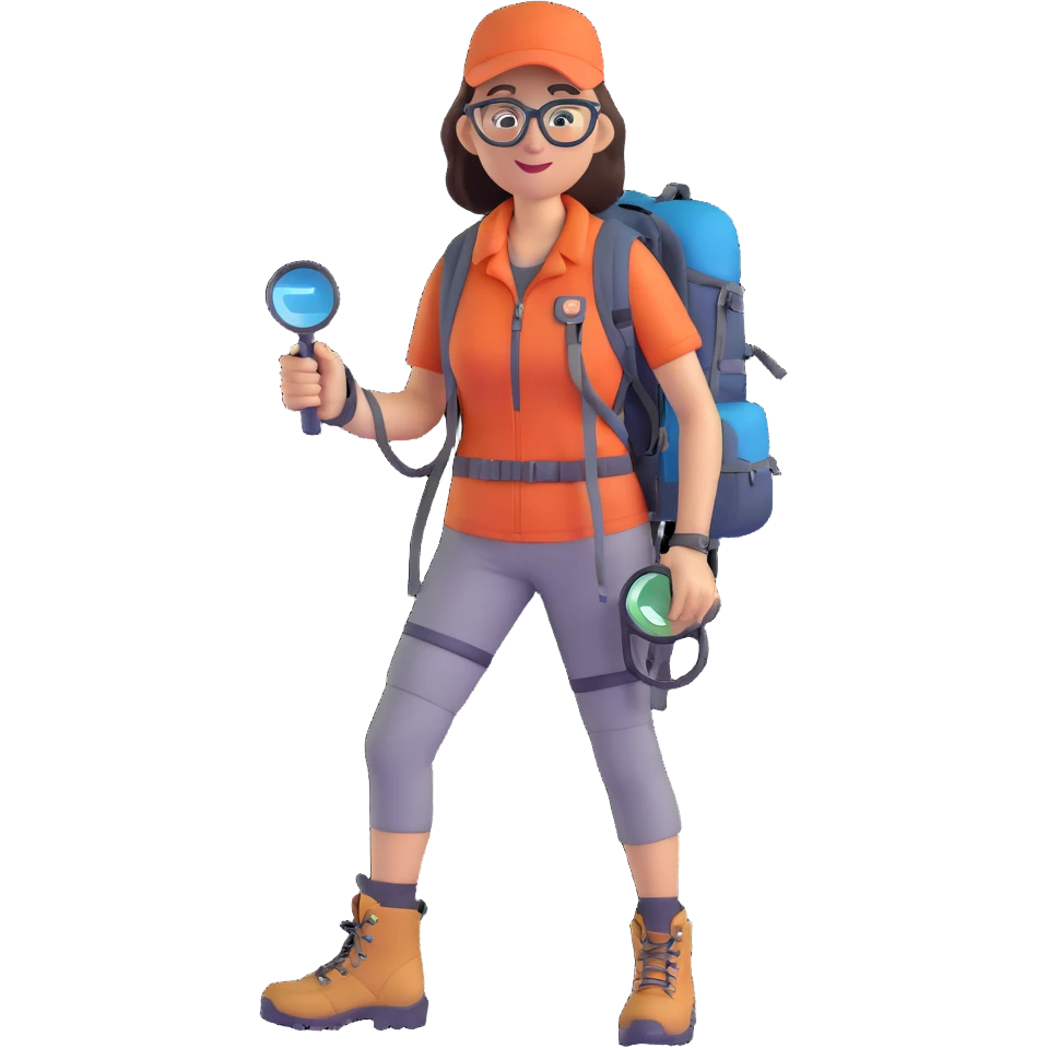 Very happy excited woman in her 40s with glasses wearing sporty outfit, hiking boots, and backpack, holding a magnifying glass emoji