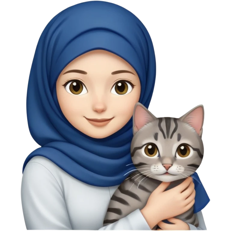 White girl wearing dark blue hijab with white shirt smiling while holding a black grey tabby cat emoji