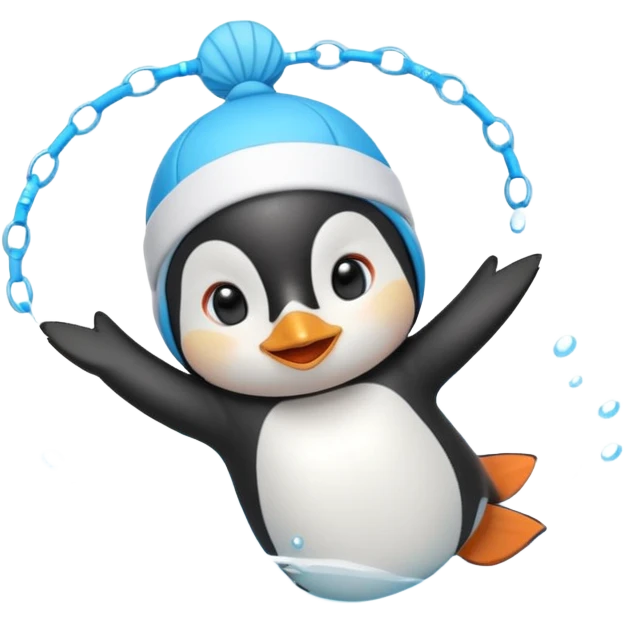 A cheerful penguin swimmer in swim cap, doing a playful backstroke with water rings popping around full body chibi cute
 emoji