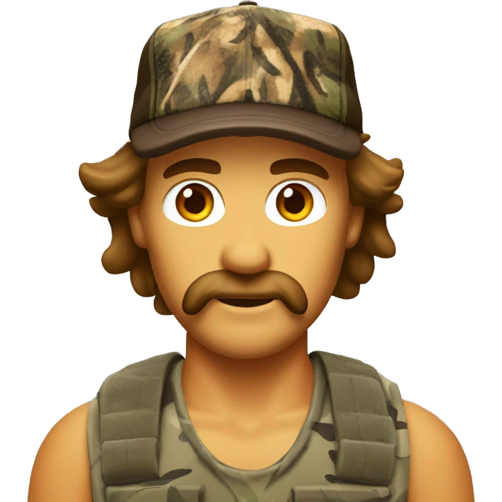Redneck man with a brown mullet and brown mustache wearing duck camo and a trucker hat  emoji
