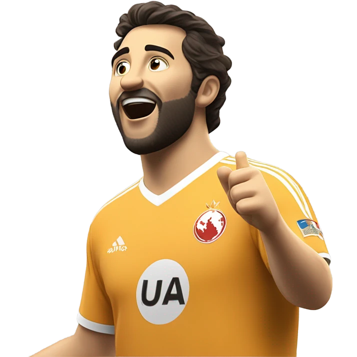 Arda Güler celebrating a goal: his right hand firmly placed on his chest while his left hand is raised and pointing towards the sky, capturing a moment of youthful exuberance, gratitude, and joy emoji