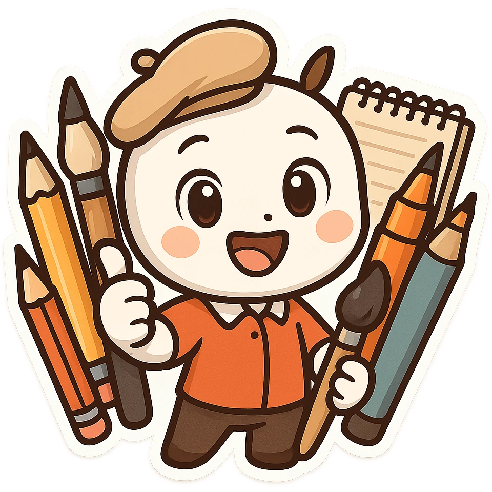 cheerful genderless mascot with big expressive eyes surrounded by art supplies embodying creativity professionalism playful emoji