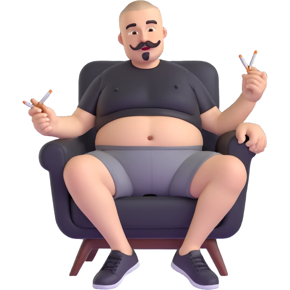 Big man relaxing in chair, legs spread wide, holding cigarette, round face, buzzcut, short beard and mustache, black t-shirt with light stripes at top, exposed belly, black shorts, arms covered in tattoos emoji
