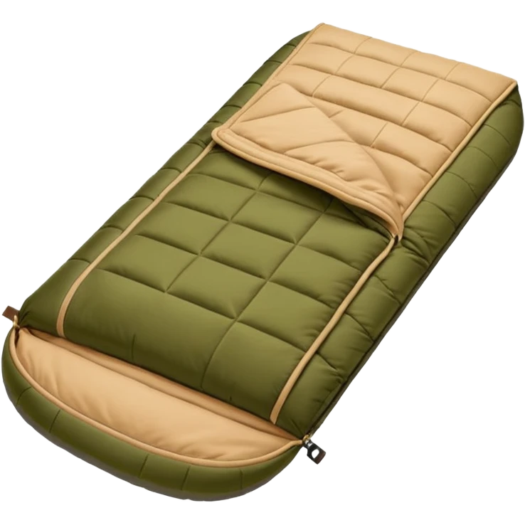sleeping bag in blue/yellow to olive & tan (#7D7A52 / #E1C699). emoji