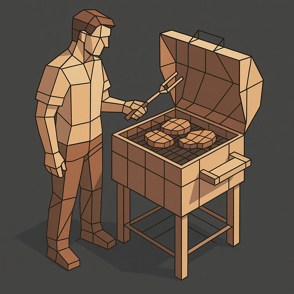 man grilling food on a cubic barbecue. emoji