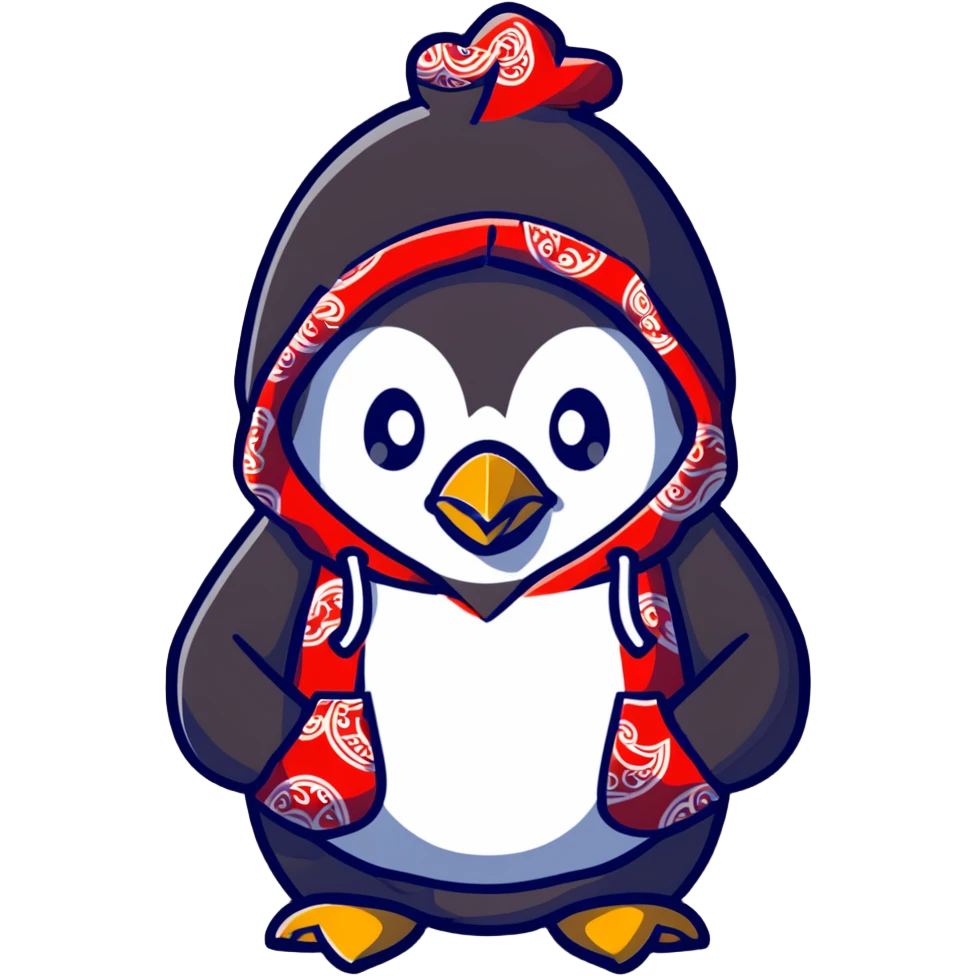 penguin wearing a red paisley pattern hoodie emoji
