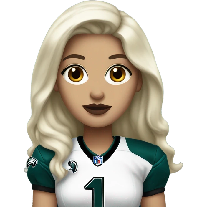 White female long dark hair red lips wearing Philadelphia Eagles jersey emoji