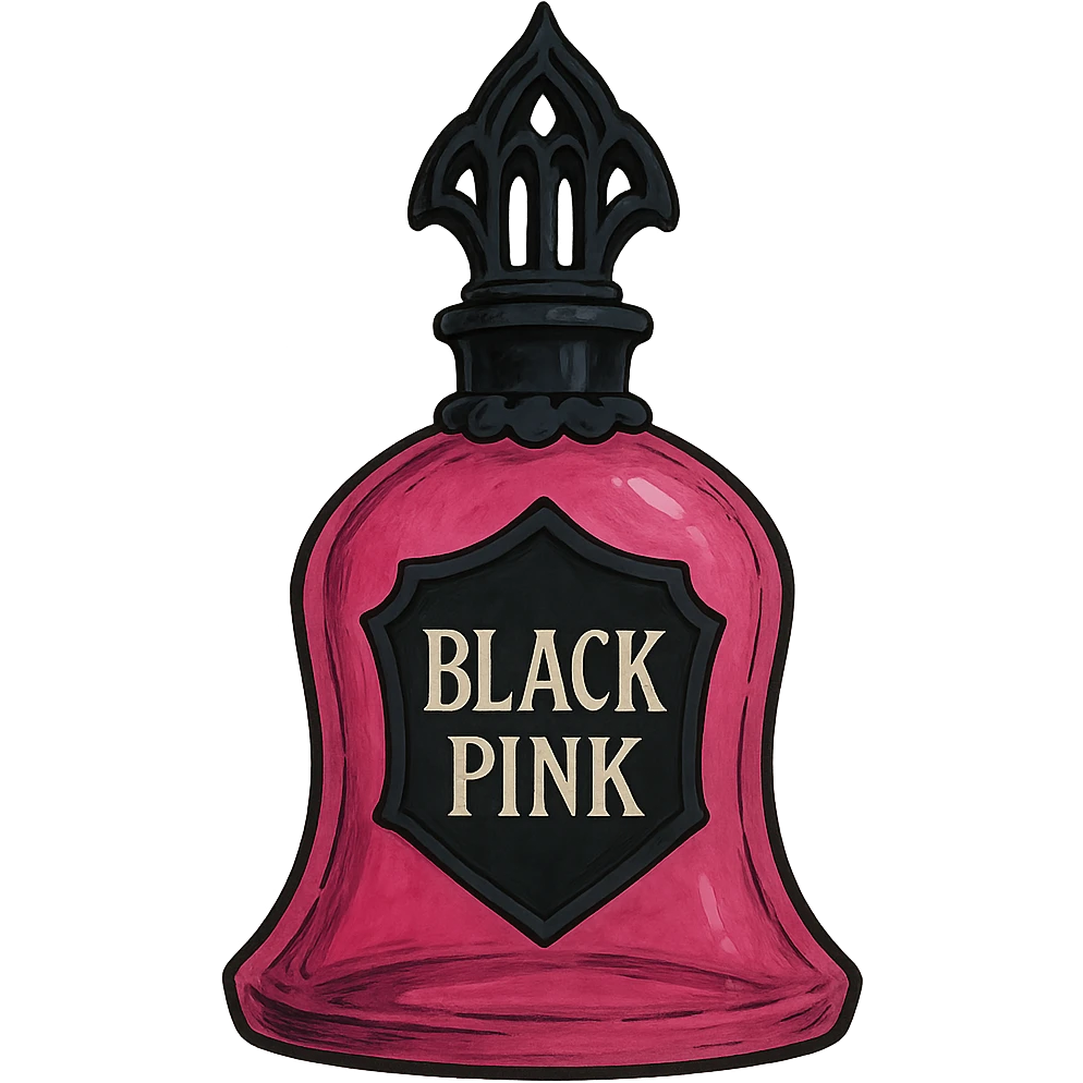 BLACKPINK-inspired gothic perfume bottle, no hearts, dreamy and bold, black and pink emoji