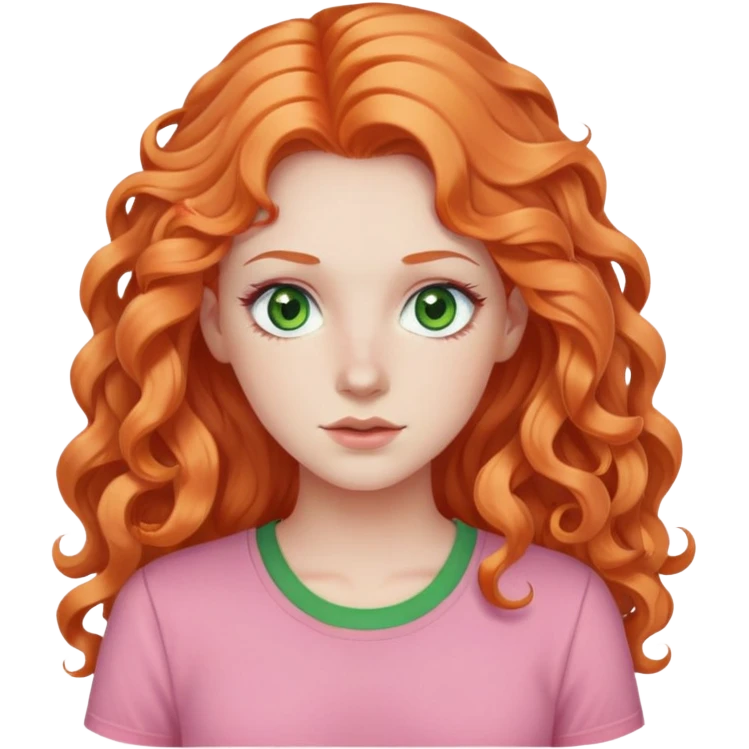 white pale girl with long curly orange hair, green eyes, pink shirt emoji