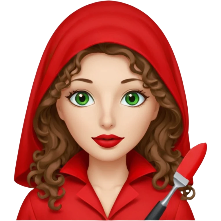 Lilith symbol sexy evil woman. She has green eyes.  had brown long curly hair.  evil surgeon kills with scalpel wears red sexy doctor coat with red mouth cover red gloves. Covers nose, neck  and mouth with Muslim red berka emoji