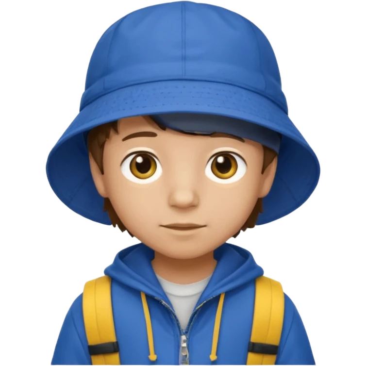 Little student, brown hair boy, wears blue bucket hat and jacket, yellow backpack, shy emoji