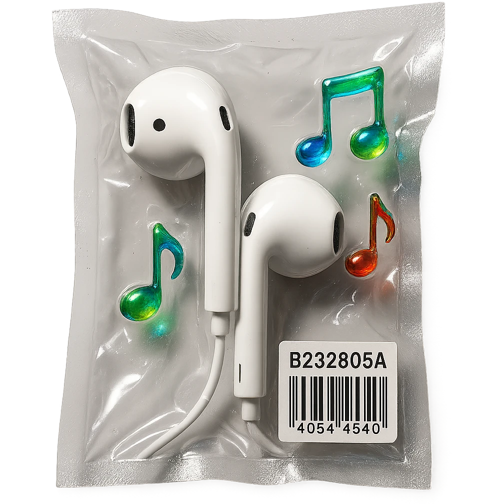 pair of white EarPods with three small rainbow glass music notes floating nearby, shiny and inflated emoji