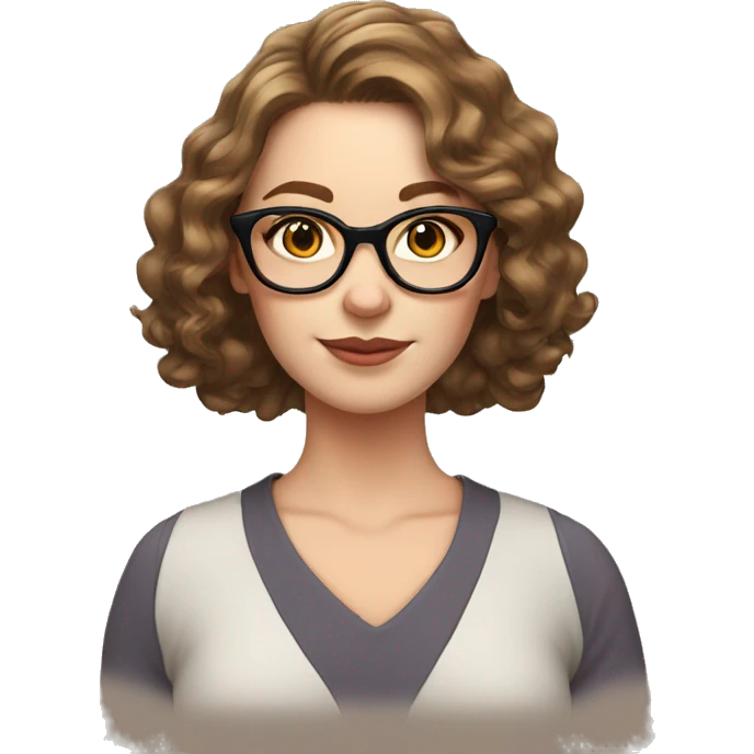 white woman, brown hair, cat eye spectacles, wavy hair emoji