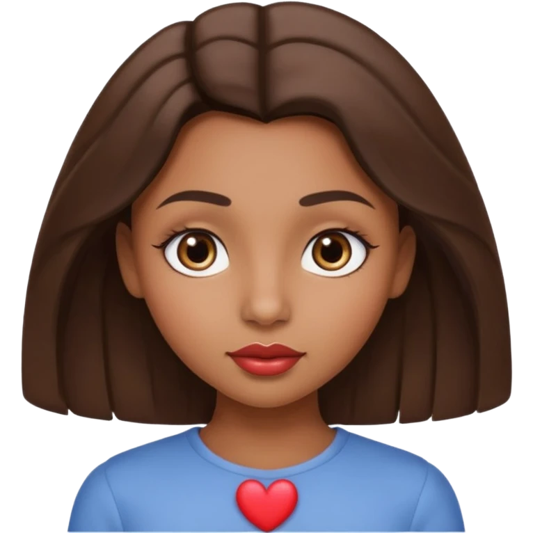 brown-skinned girl with slightly wavy hair, straight nose, heart-shaped lips, round eyes and face, soft eyebrows, long lashes, neutral expression, shown from the waist up emoji