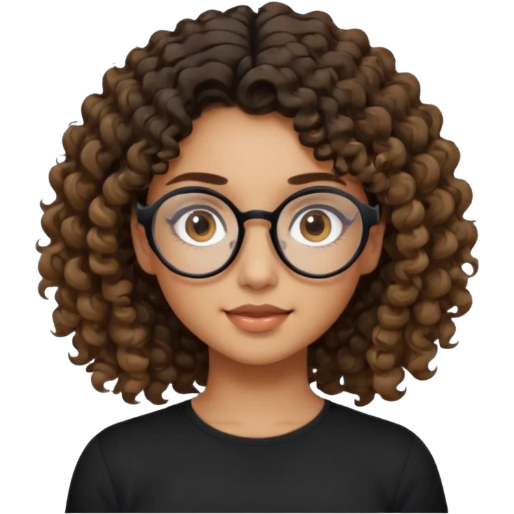 un chica con pelo rizado tiene hecha una coleta y con dos rizos sueltos en la parte de alante que le llega hasta el cuello. luego pil un poco morena ojos marrones y tiene gafas negras y son exagonales pero un poco redondeadas. emoji