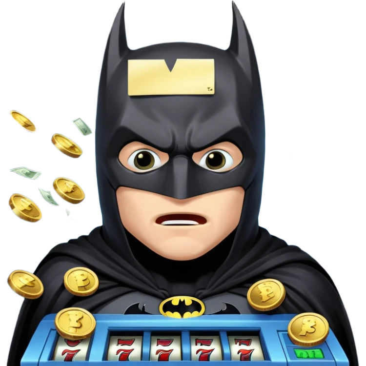 disheveled bat man losing money at a slot machine, panicked face, coins flying emoji