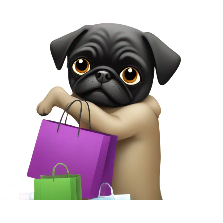 Black pug with many shopping bags emoji
