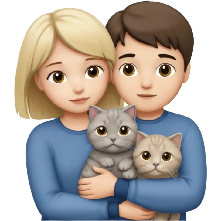 Blonde girl and brunette boy hugging a grey scottish fold cat emoji