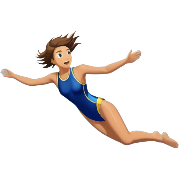 A diver mid-air, plunging from a high cliff into the sparkling ocean below. The background features rugged cliffs, clear blue water, and a bright sky, emphasizing the excitement and danger of the sport with a sense of freedom and adventure. emoji