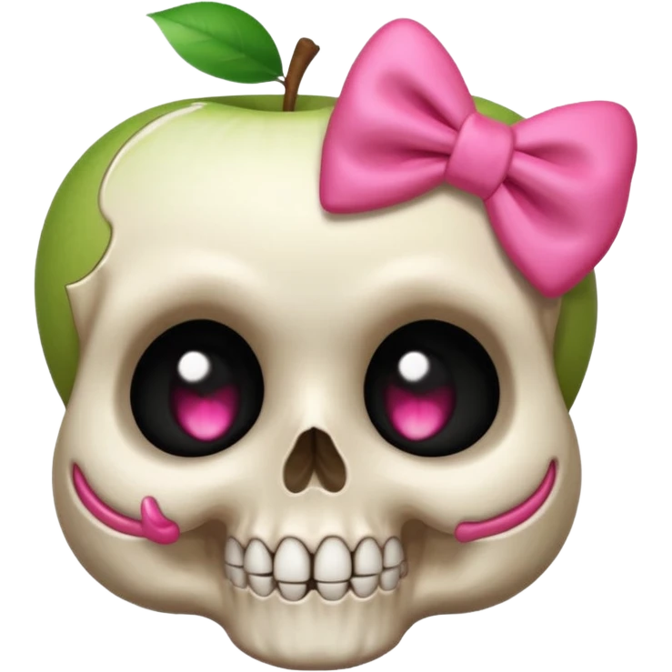 a shy skull with a pink bow, blushing cheeks, shy expression, apple style emoji emoji
