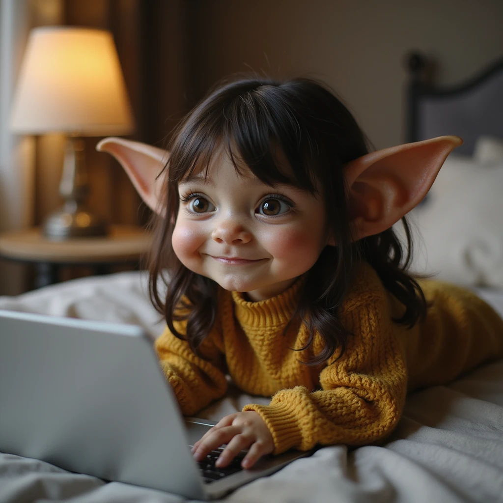 photorealistic gremlin girl with dark brown hair, pretending to work from bed, playful expression, laptop nearby, cozy bedroom emoji