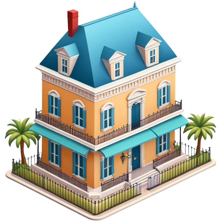 French Quarter mansion, isometric dollhouse-style, realistic emoji