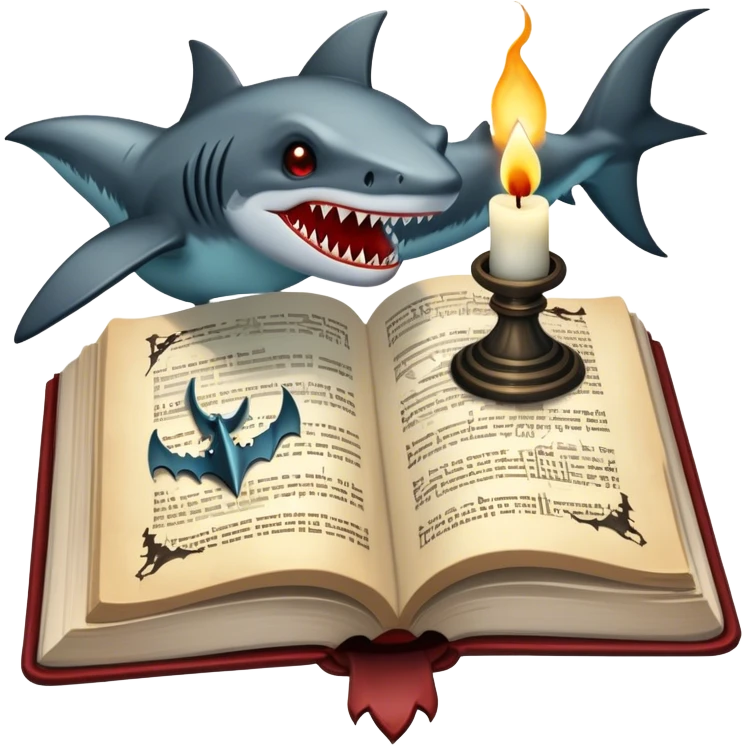 Icon for Horror & Mystery Reading: an open book with eerie glowing symbols, from which rise Dracula with fangs, flying bats, a zombie hand, and a lurking shark with sharp teeth. Surrounding elements include a flickering candle and an old key. Transparent background. emoji
