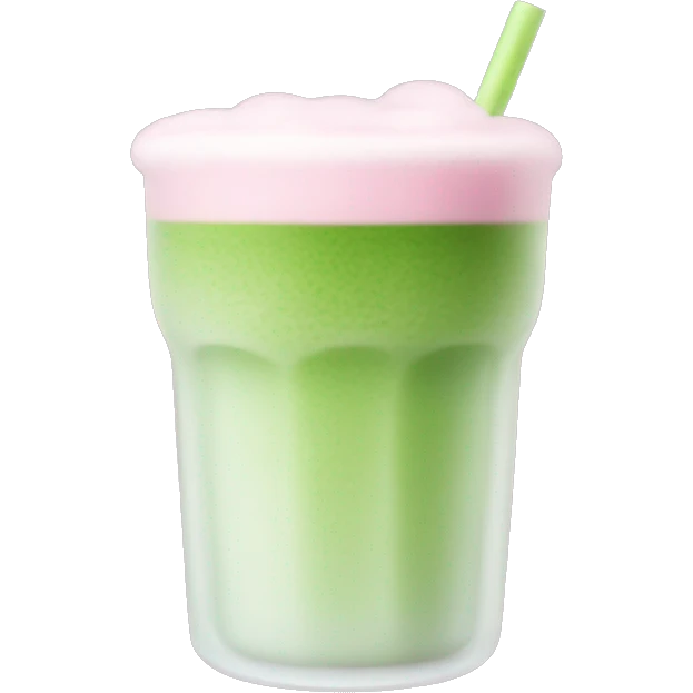 Clear long cup, no handle, with light pink drink, matcha foam emoji