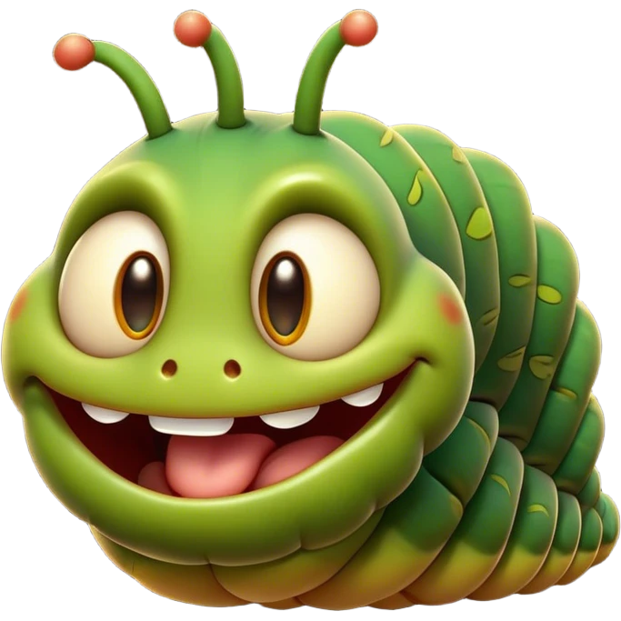 Cinematic Cheeky Caterpillar Portrait Emoji, Head tilted dramatically with an exaggeratedly surprised expression, featuring a tiny, wiggly body with wide, comically expressive eyes full of playful wonder and animated, curving segments, Simplified yet hilariously expressive features, highly detailed, glowing with a slightly sassy natural glow, high shine, dramatic yet playful, stylized with an air of cheeky woodland mischief, soft glowing outline, capturing the essence of a meme-worthy caterpillar that looks ready to wiggle its way into viral fame! emoji