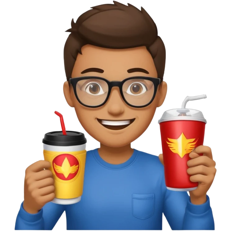 Gamer with big glasses and energy drink coffee emoji