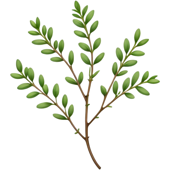 Cinematic Realistic Thyme Emoji, Compact and earthy, with tiny green leaves densely packed on delicate stems. The soft fragrance of the leaves fills the air, creating an atmosphere of warmth and subtle richness. Soft glowing outline, capturing the essence of simplicity and natural healing in a sprig of thyme! emoji