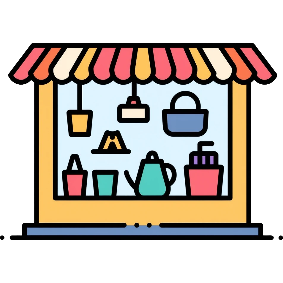 Retail shop window with display items and decorations emoji