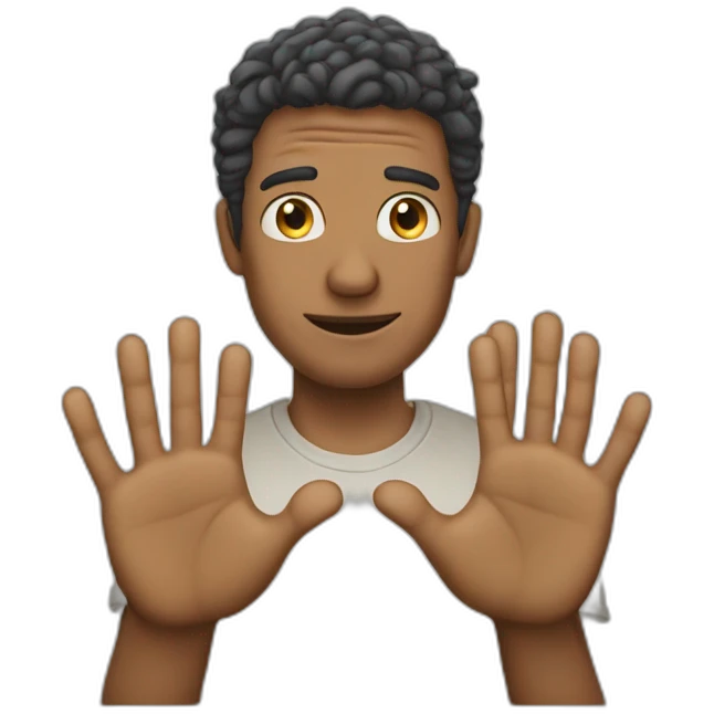 Man holds up hand with too many fingers emoji