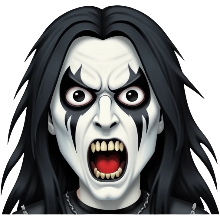 Black metal musician with corpse paint, long hair, screaming emoji
