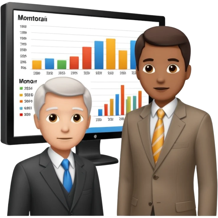teaching somebody else in person, in the same place, watching the same monitor together, the trainee and trainer are in the similar age, two both are men, the monitor should be showing some data graphs emoji