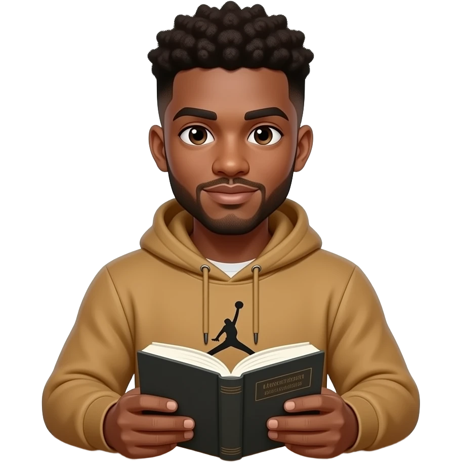 make me a 22 year old black skin colored man with a thick fluffy brown low taper fade with a jordan tan hoodie and he has a book infront of him looking at me sitting at a table and i can only see his higher half emoji